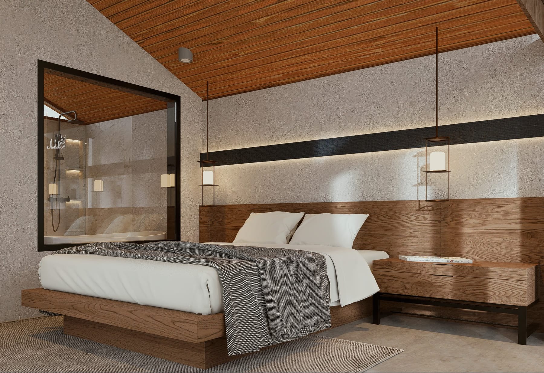Render: villa bedroom with timber ceiling