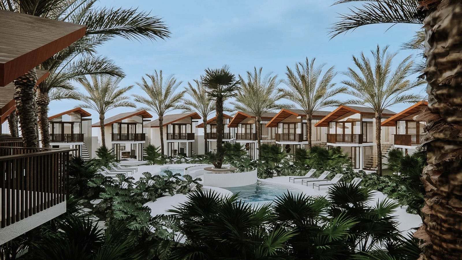 Render: gardens and pool between the villas