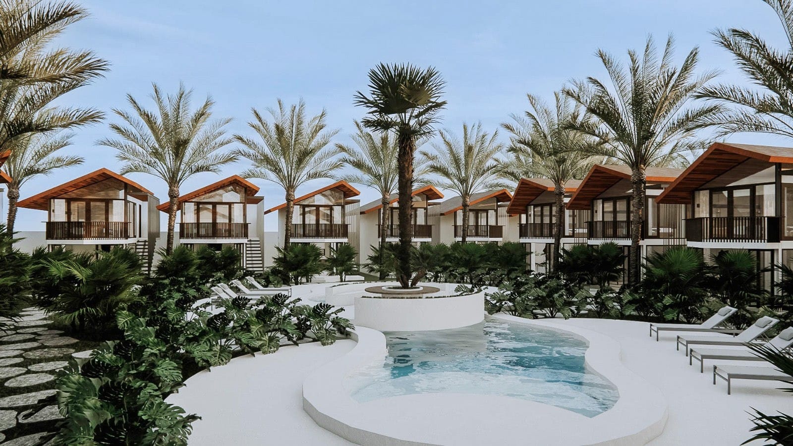 Render: communal pool and villas among palms