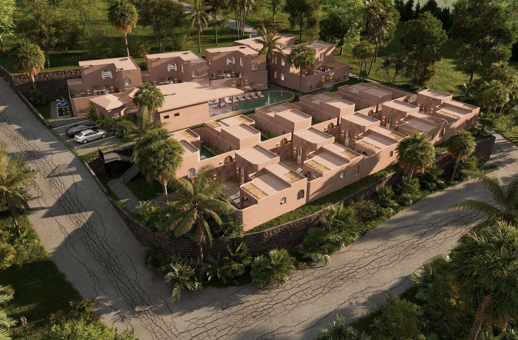 Render: aerial view of the SORA resort, terracotta villas among palms